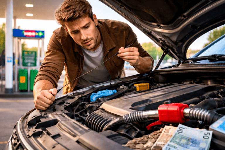Povećana potrošnja goriva – vozač proverava motor automobila na pumpi