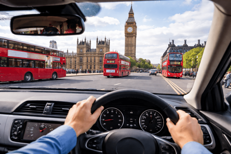 Pogled iz automobila na vožnju levom stranom puta u Londonu sa crvenim autobusima