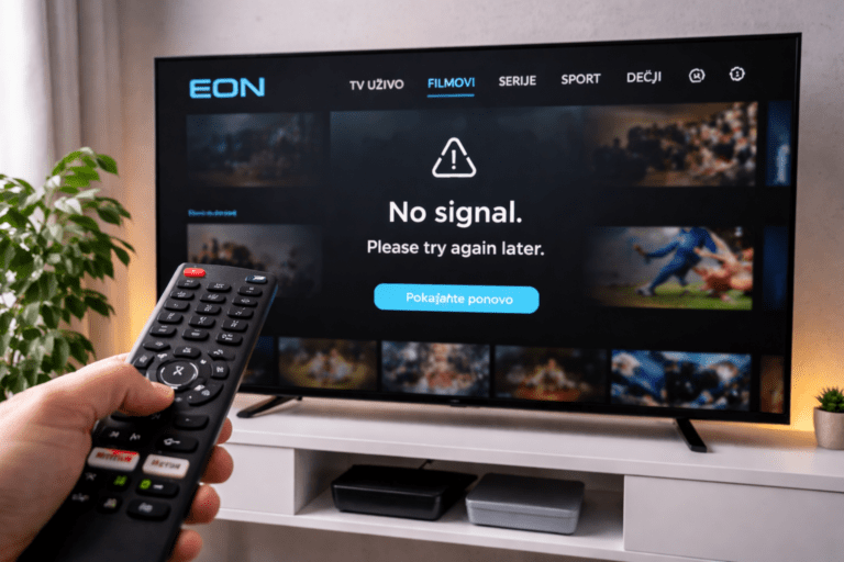 Televizor sa greškom u radu EON aplikacije i daljinski upravljač u ruci korisnika