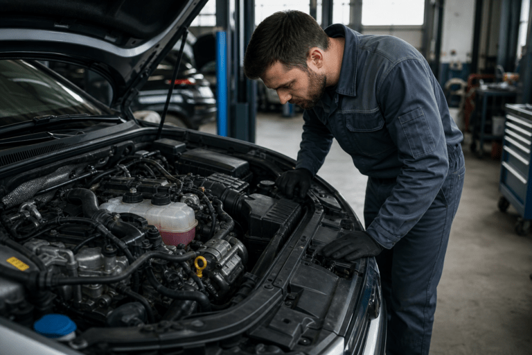Auto sa otvorenom haubom u servisu zbog problema sa gubitkom rashladne tečnosti