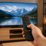 Univerzalni daljinski upravljač usmeren ka televizoru tokom podešavanja i povezivanja sa TV uređajem.