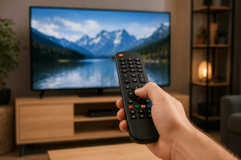 Univerzalni daljinski upravljač usmeren ka televizoru tokom podešavanja i povezivanja sa TV uređajem.