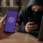 Osoba proverava Viber na telefonu dok se u pozadini vidi koncept zaštite privatnosti i bezbednosti naloga.