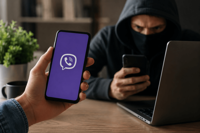 Osoba proverava Viber na telefonu dok se u pozadini vidi koncept zaštite privatnosti i bezbednosti naloga.