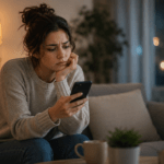 Žena sedi na kauču i zamišljeno gleda u telefon čekajući poruku u večernjoj atmosferi doma.