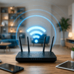 Moderan WiFi ruter u dnevnoj sobi sa jakim bežičnim signalom za stabilan i brz internet u kući.