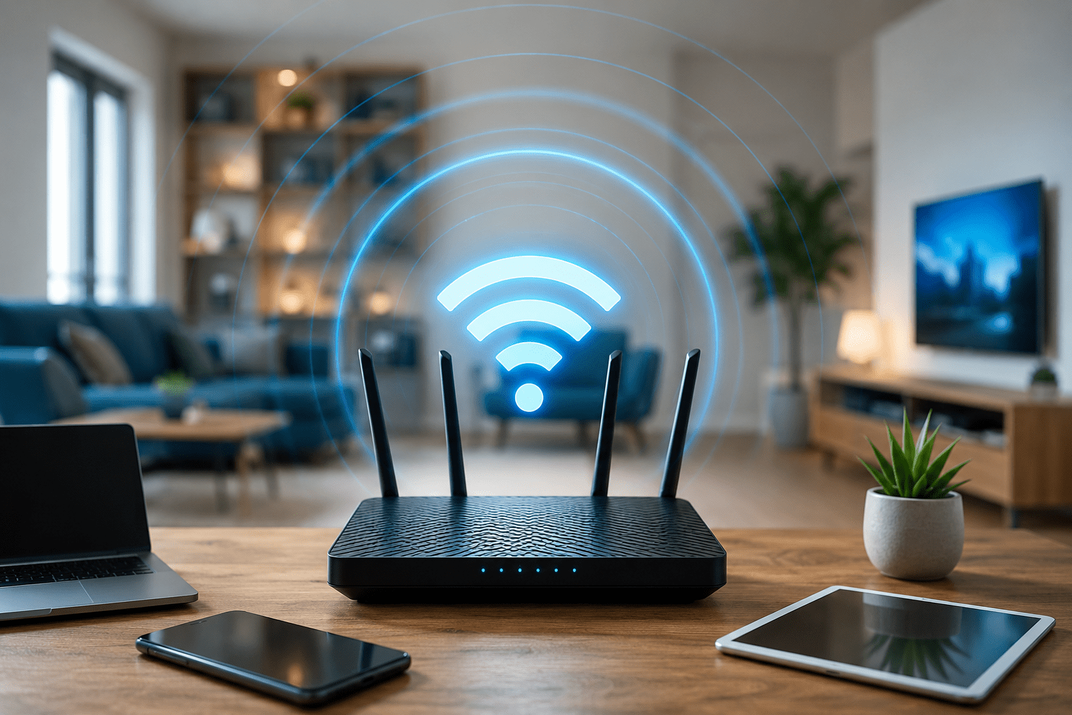 Moderan WiFi ruter u dnevnoj sobi sa jakim bežičnim signalom za stabilan i brz internet u kući.