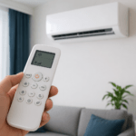 Midea daljinski upravljač za klima uređaj usmeren ka unutrašnjoj jedinici u modernom dnevnom boravku