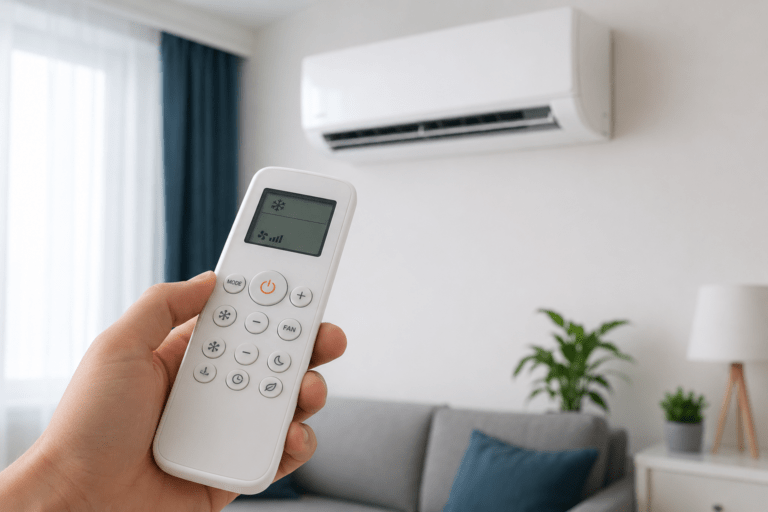 Midea daljinski upravljač za klima uređaj usmeren ka unutrašnjoj jedinici u modernom dnevnom boravku