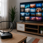 Sobna DVB-T2 antena postavljena ispred Smart televizora u dnevnoj sobi za prijem digitalnog TV signala.