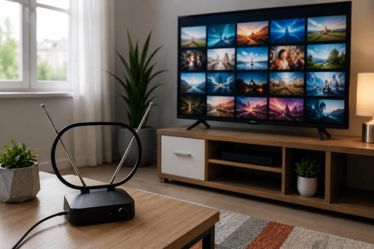 Sobna DVB-T2 antena postavljena ispred Smart televizora u dnevnoj sobi za prijem digitalnog TV signala.