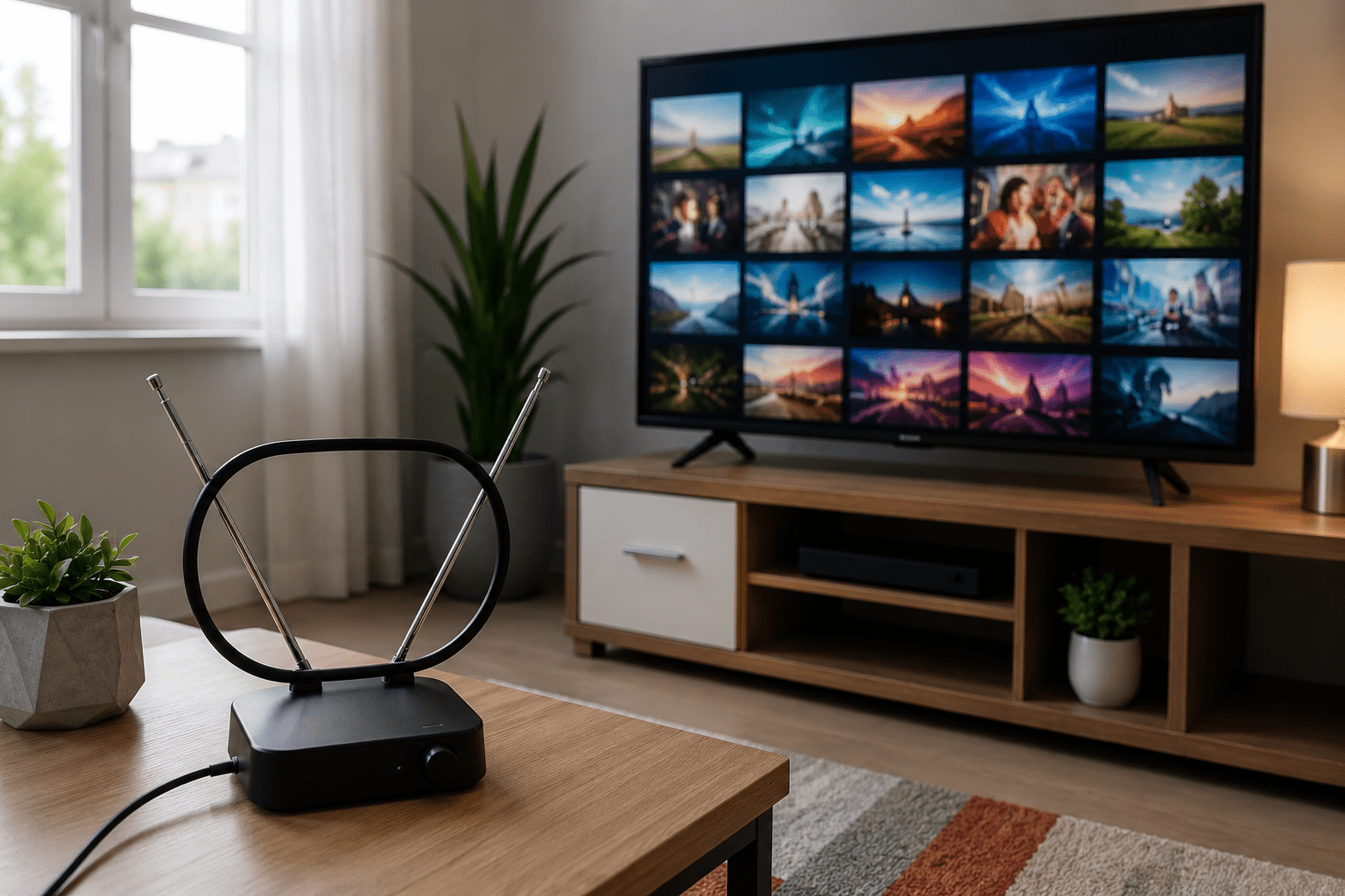 Sobna DVB-T2 antena postavljena ispred Smart televizora u dnevnoj sobi za prijem digitalnog TV signala.